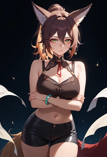 star rail,tingyun,leather,shorts,crop top  - AI generated anime art