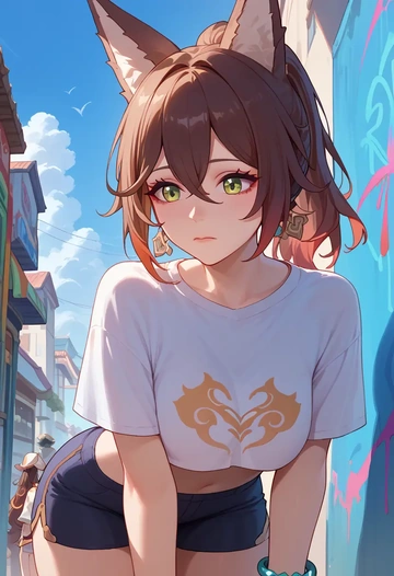 star rail,tingyun,cropped graffiti sweatshirt,dolphin shorts  - AI generated anime art