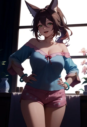 star rail,tingyun,pajamas, low-waisted shorts  - AI generated anime art