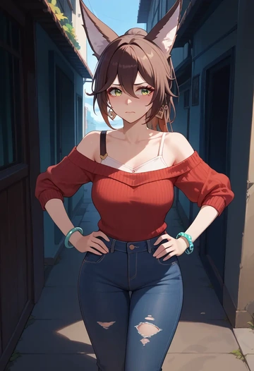 star rail,tingyun,sweater,off-shoulder,ripped jeans  - AI generated anime art