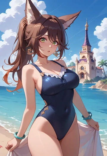 star rail,tingyun,retro style swimsuit,frilled neckline,bow detail  - AI generated anime art