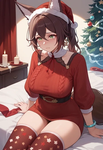 star rail,tingyun,Christmas,sweater dress,stockings  - AI generated anime art