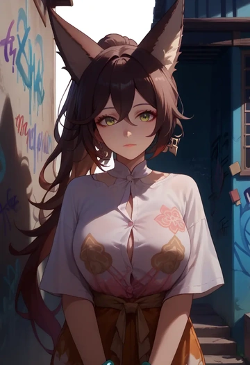 star rail,tingyun,oversized graffiti shirt,dolphin shorts  - AI generated anime art