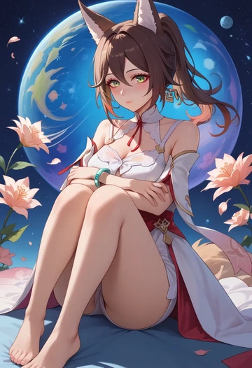 star rail,tingyun,silk slip dress,floral prints  - AI generated anime art