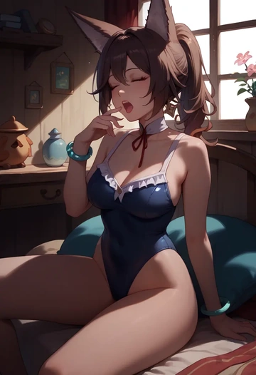 star rail,tingyun,retro style swimsuit,frilled neckline,bow detail  - AI generated anime art