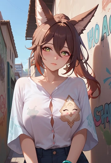 star rail,tingyun,oversized graffiti shirt,dolphin shorts  - AI generated anime art