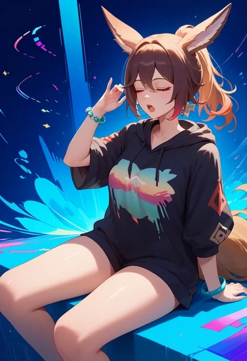 star rail,tingyun,oversized graphic hoodie,thigh-high socks,shorts  - AI generated anime art