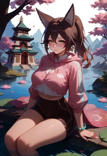 star rail,tingyun,crop hoodie,shorts  - AI generated anime art