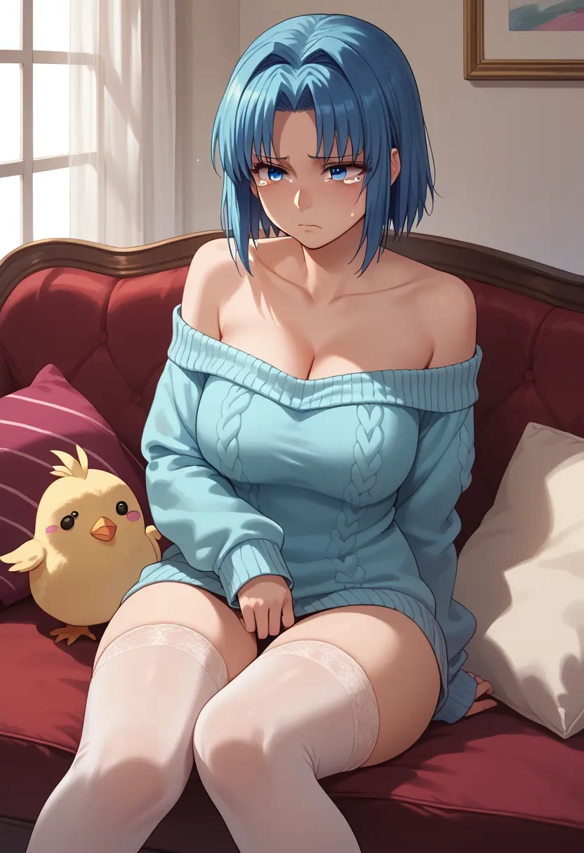 tsukihime,tohno_akiha,Pouting ,Teary-eyed,off-shoulder,sweater  - 