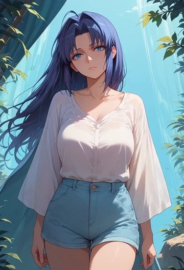 tsukihime,tohno_akiha,graphic tee,shorts,sneakers  - AI generated anime art