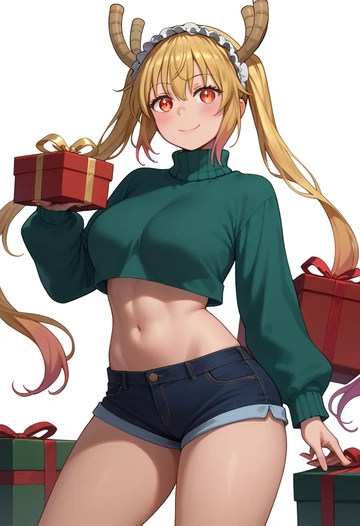 kobayashi_san_chi_no_maidragon,tohru_(maidragon),Christmas,red velvet shorts,turtleneck sweater  - AI generated anime art