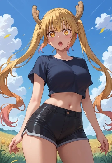 kobayashi_san_chi_no_maidragon,tohru_(maidragon),leather,shorts,crop top  - AI generated anime art