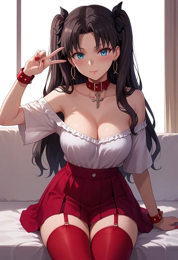 fate_(series),tohsaka_rin,blushing,collar,Thigh garters  - AI generated anime art