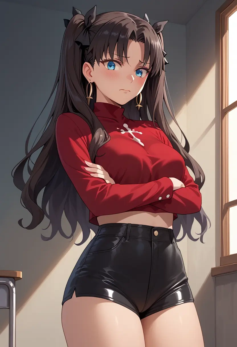 fate_(series),tohsaka_rin,leather,shorts,crop top  - 