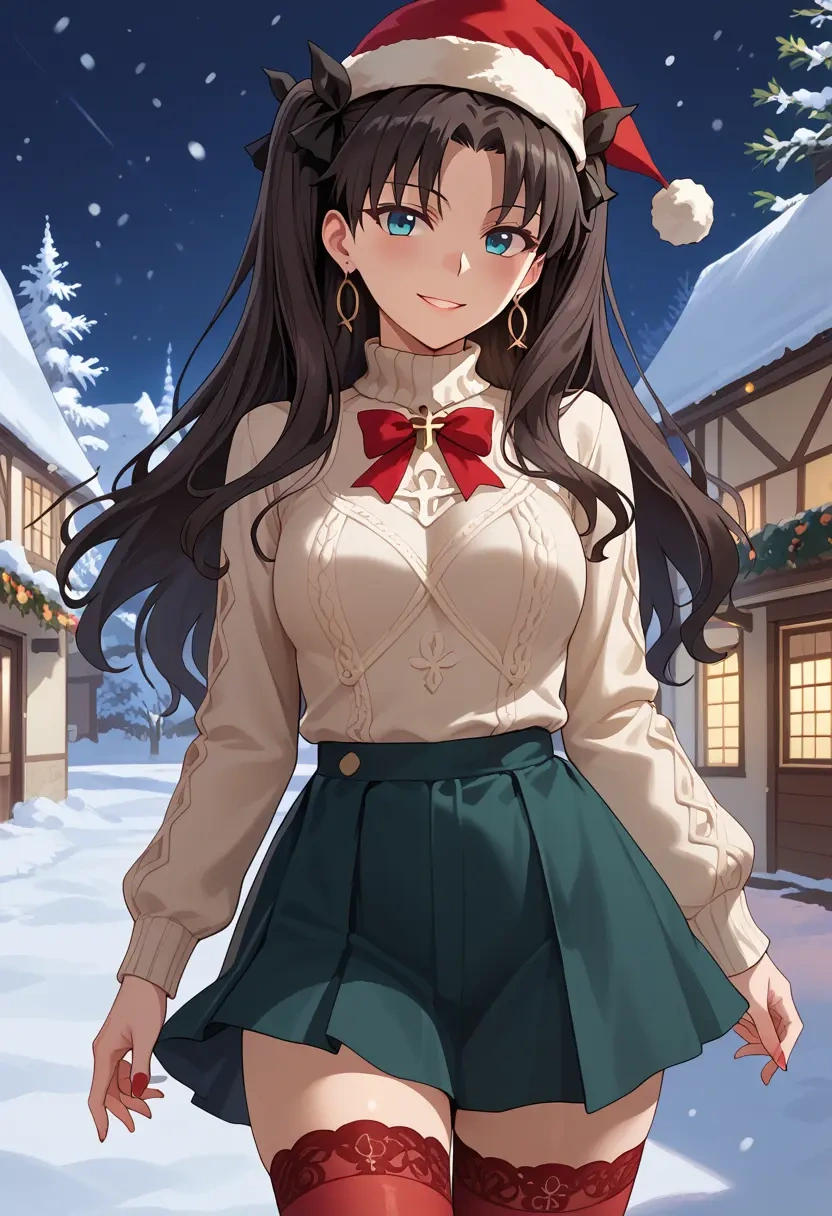 fate_(series),tohsaka_rin,Christmas,sweater dress,stockings  - 