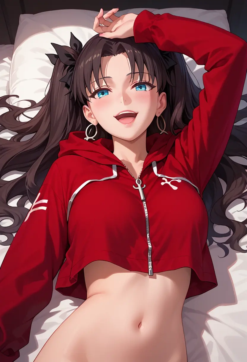 fate_(series),tohsaka_rin,crop hoodie,shorts  - 