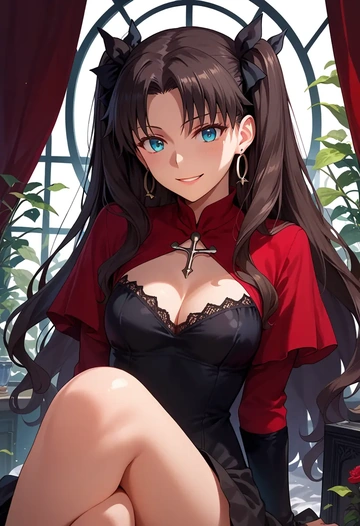 fate_(series),tohsaka_rin,witch blouse,asymmetrical skirt,striped stockings  - AI generated anime art