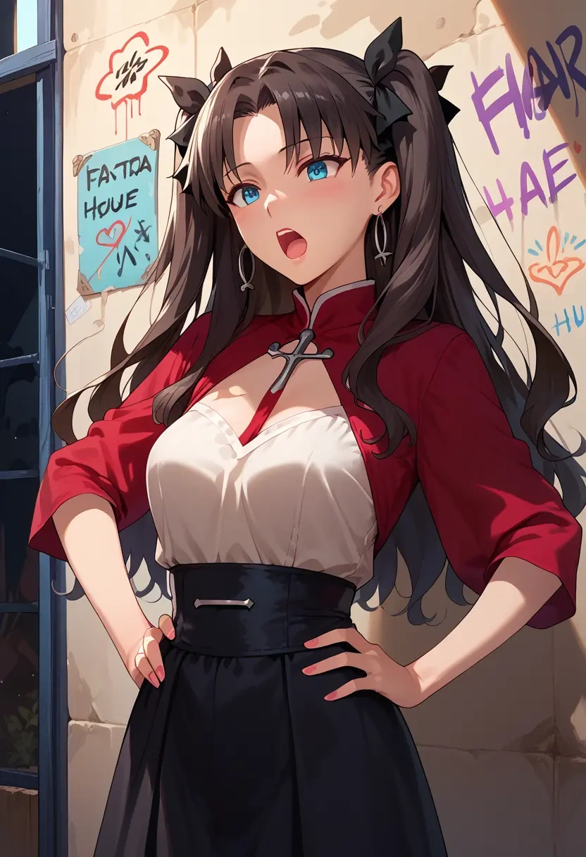 fate_(series),tohsaka_rin,floral graffiti blouse,dolphin shorts  - 