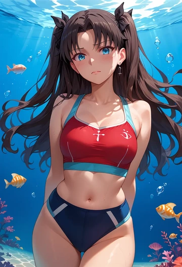 fate_(series),tohsaka_rin,tankini top,board shorts  - AI generated anime art