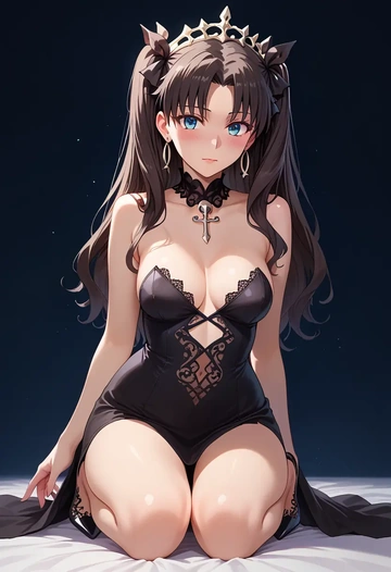 fate_(series),tohsaka_rin,gown,strapless,mermaid silhouette  - AI generated anime art