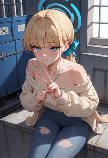 blue_archive,toki_(blue_archive),sweater,off-shoulder,ripped jeans  - AI generated anime art