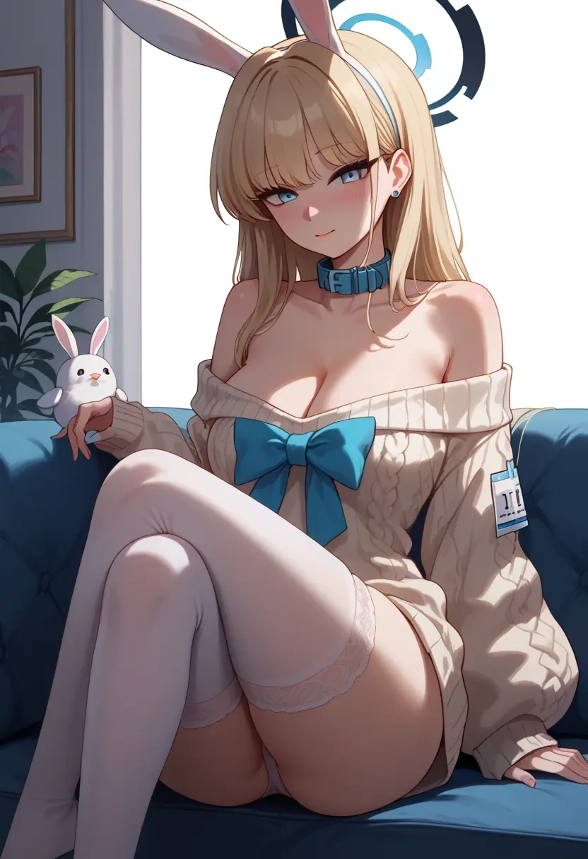 blue_archive,toki_(bunny)_(blue_archive),blushing,collar,off-shoulder,sweater,stockings  - 