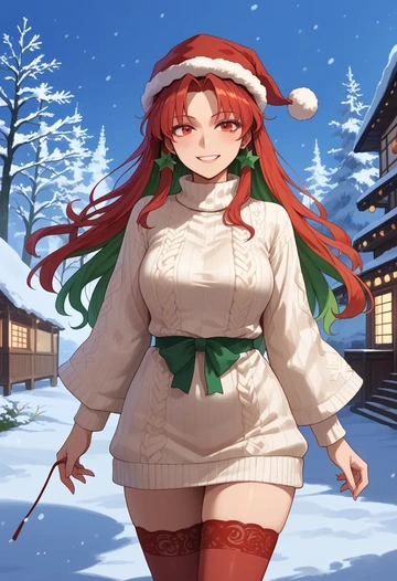 touhou,tokiko_(touhou),Christmas,sweater dress,stockings  - AI generated anime art