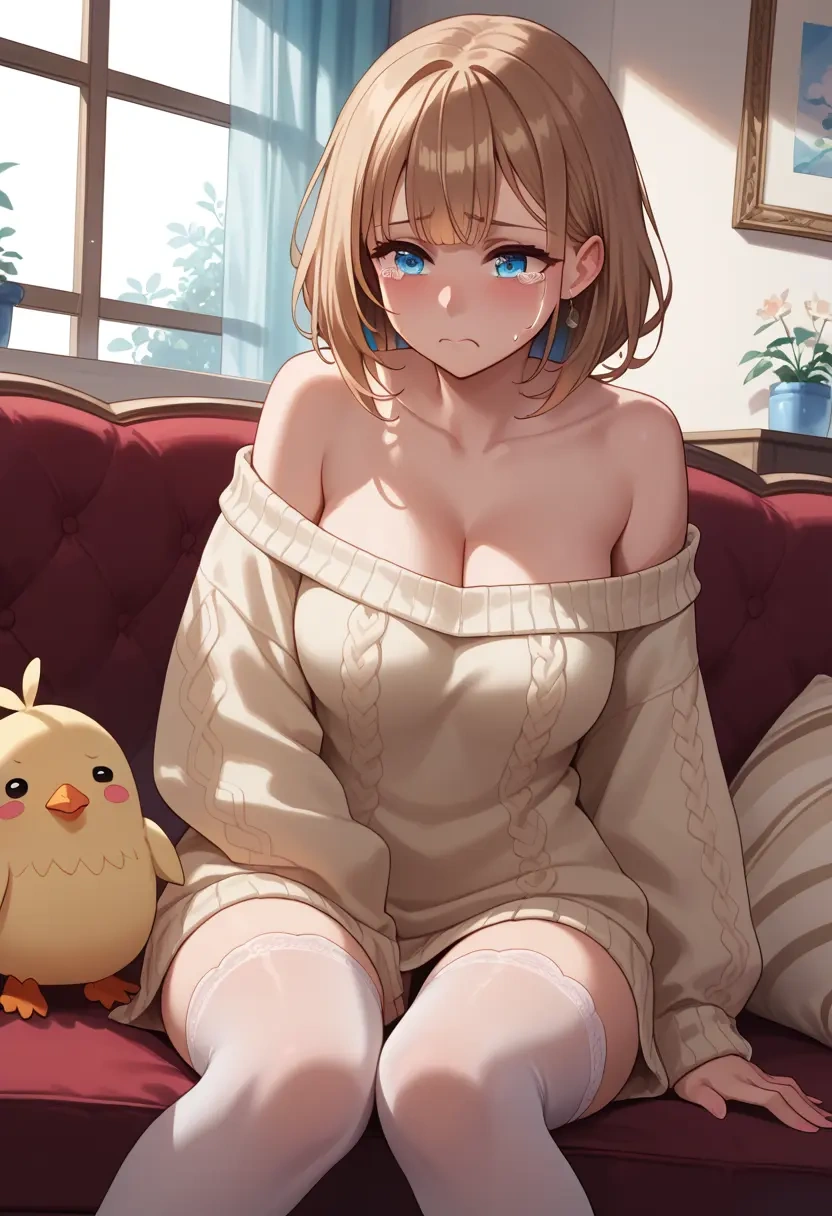 hololive,tokino_sora,Pouting ,Teary-eyed,off-shoulder,sweater  - 