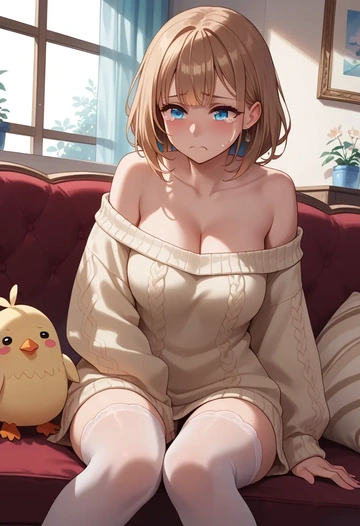 hololive,tokino_sora,Pouting ,Teary-eyed,off-shoulder,sweater  - AI generated anime art