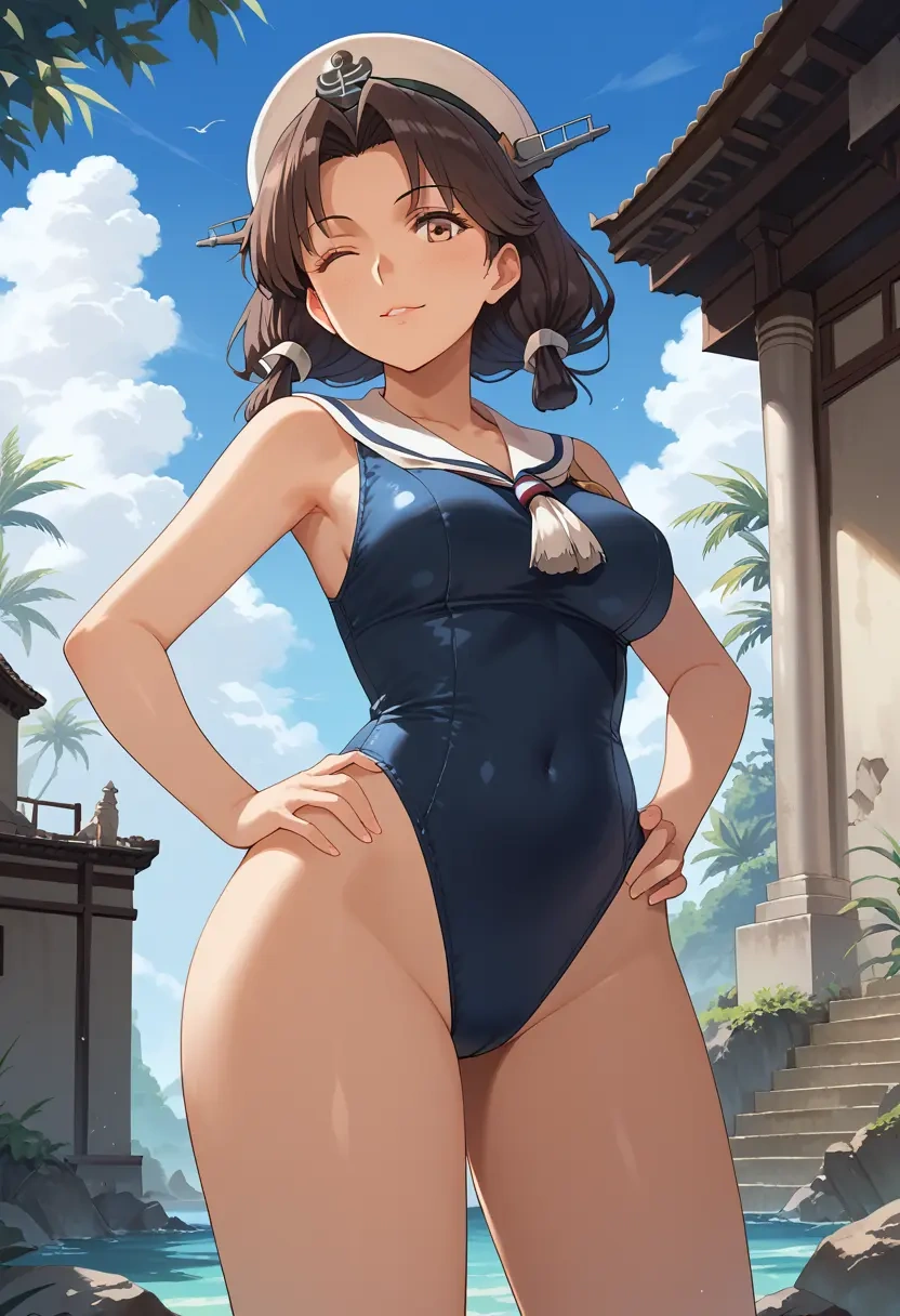 kantai_collection,tokitsukaze_(kancolle),retro style swimsuit,frilled neckline,bow detail  - 