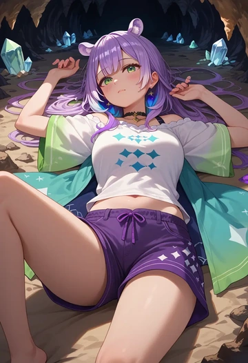 hololive,tokoyami_towa_(1st_costume),graphic tee,shorts,sneakers  - AI generated anime art