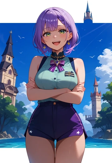 hololive,tokoyami_towa_(1st_costume),sleeveless swim top,shorts-style bottom,contrast stitching  - AI generated anime art