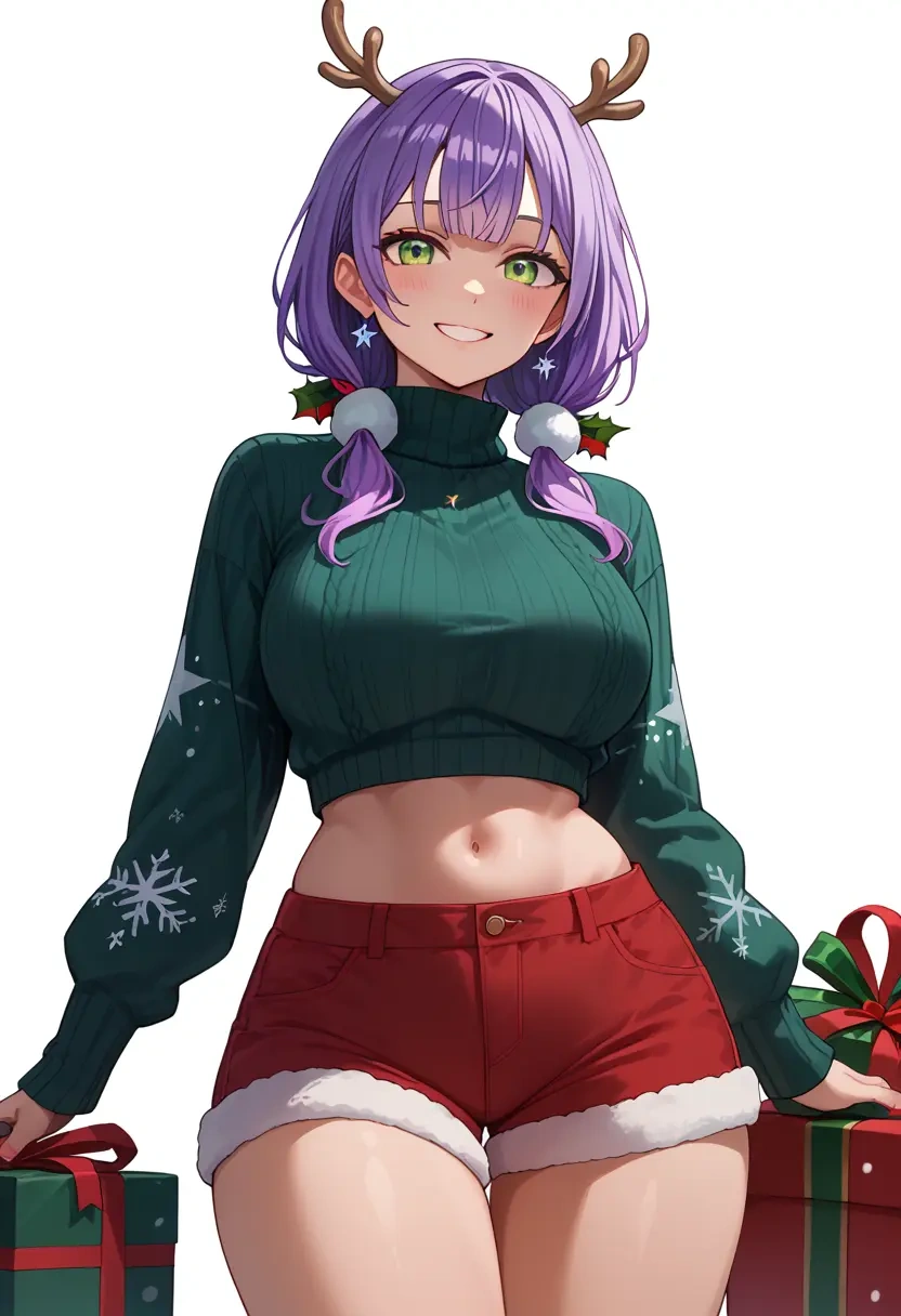 hololive,tokoyami_towa,Christmas,red velvet shorts,turtleneck sweater  - 