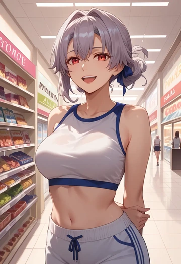 fate_(series),tomoe_gozen_(fate),sports crop,high-waisted shorts  - AI generated anime art