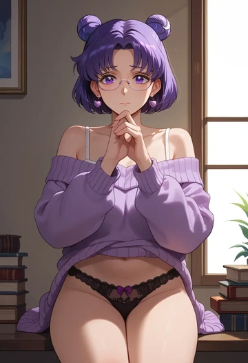 bishoujo_senshi_sailor_moon,tomoe_hotaru,sweater,panties,off-shoulder,glasses,sexy  - AI generated anime art