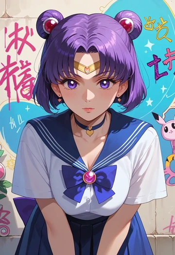 bishoujo_senshi_sailor_moon,tomoe_hotaru,oversized graffiti shirt,dolphin shorts  - AI generated anime art