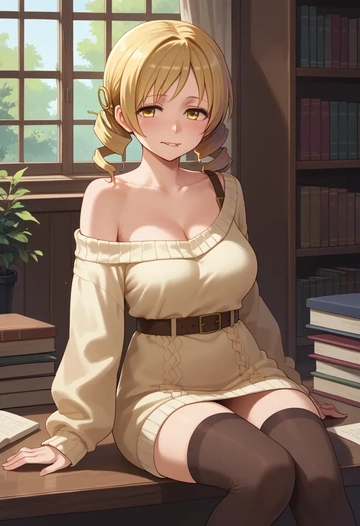 mahou_shoujo_madoka_magica,tomoe_mami,Biting lip,off-shoulder,sweater,stockings  - AI generated anime art