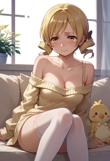 mahou_shoujo_madoka_magica,tomoe_mami,Pouting ,Teary-eyed,off-shoulder,sweater  - AI generated anime art