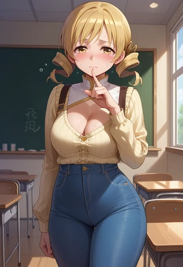 mahou_shoujo_madoka_magica,tomoe_mami,teacher, sweater, jeans shorts  - AI generated anime art