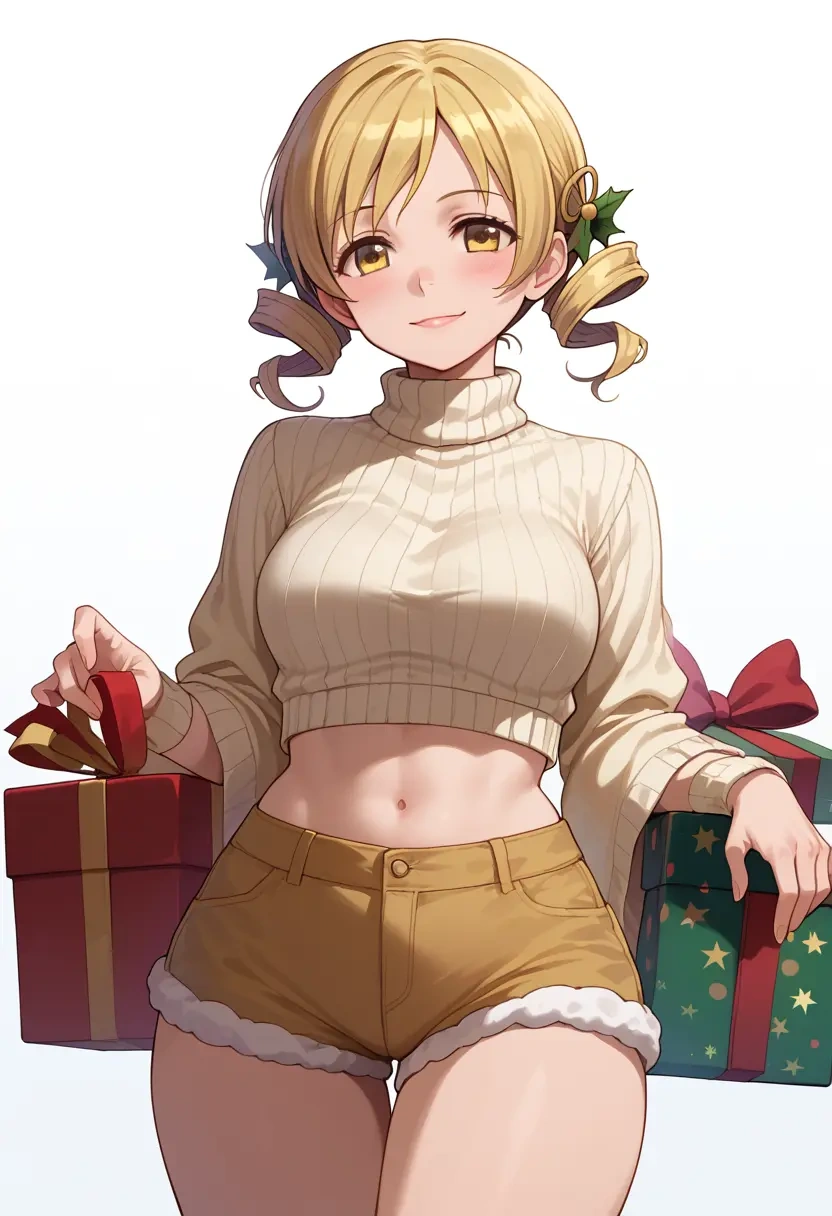 mahou_shoujo_madoka_magica,tomoe_mami,Christmas,red velvet shorts,turtleneck sweater  - 