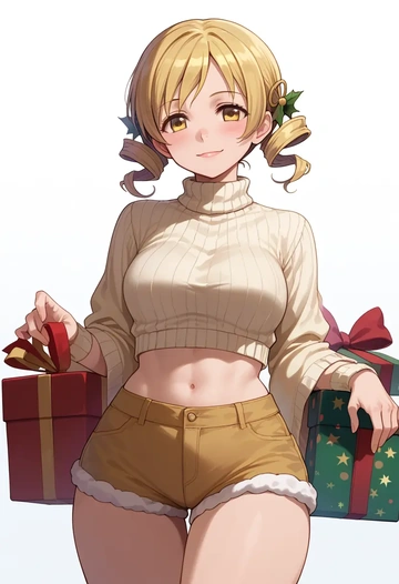 mahou_shoujo_madoka_magica,tomoe_mami,Christmas,red velvet shorts,turtleneck sweater  - AI generated anime art