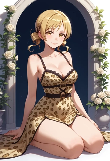 mahou_shoujo_madoka_magica,tomoe_mami,leopard print,silk slip dress  - AI generated anime art