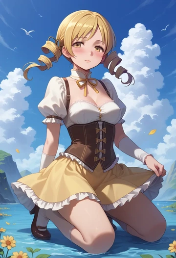 mahou_shoujo_madoka_magica,tomoe_mami,corset,bustier,long tulle skirt  - AI generated anime art