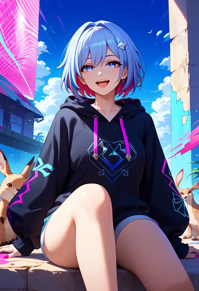 star rail,topaz,oversized graphic hoodie,thigh-high socks,shorts  - 