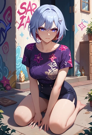 star rail,topaz,silk graffiti shirt,dolphin shorts  - AI generated anime art