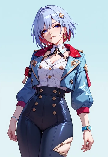 star rail,topaz,denim jacket,cropped,leather leggings  - AI generated anime art