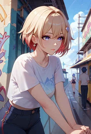 star rail,topaz,crop graffiti tee,dolphin shorts  - AI generated anime art