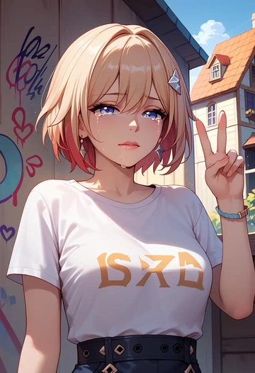 star rail,topaz,crop graffiti tee,dolphin shorts  - AI generated anime art