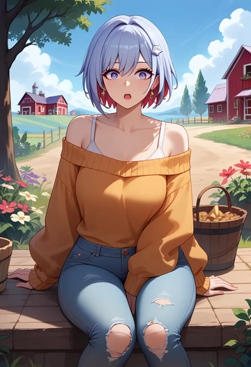 star rail,topaz,sweater,off-shoulder,ripped jeans  - AI generated anime art