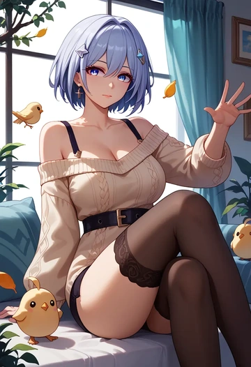 star rail,topaz,cross-legged,off-shoulder,sweater,stockings  - AI generated anime art